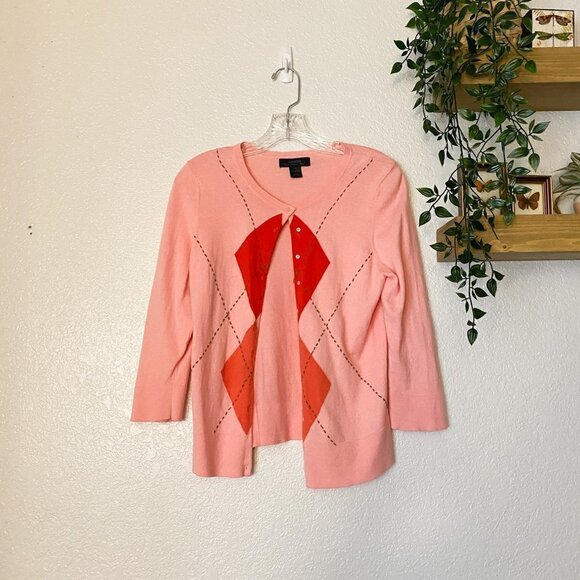 🦋 VINTAGE EXPRESS Pink Preppy Cardigan Size Medium Argyle Y2K Preppy Plaid - Picture 2 of 5
